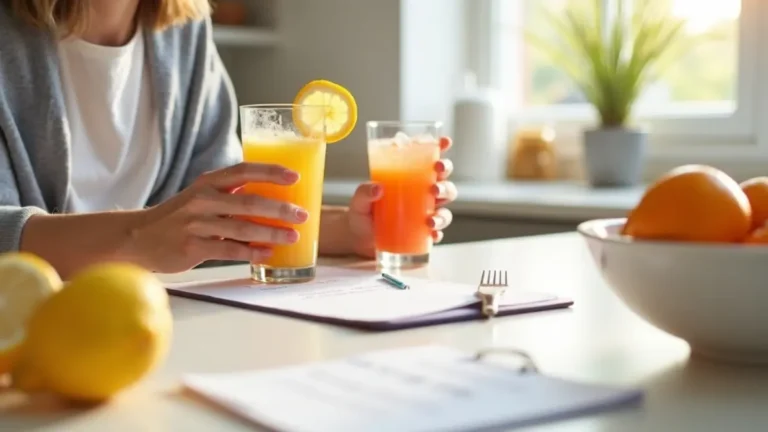 Kitchen countertop with whole fruit, water, and a person reading labels to choose low-sugar options, illustrating practical strategies to reduce free sugar intake and the effects of sugar on health.