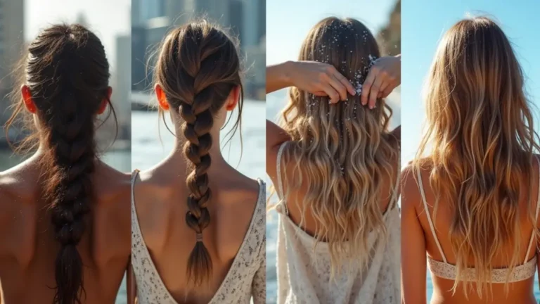 Four-panel realistic photo showing climate hair care routines for humid frizz control, arid/cold moisture restoration, coastal salt rinsing and high-UV protection – climate hair care visual