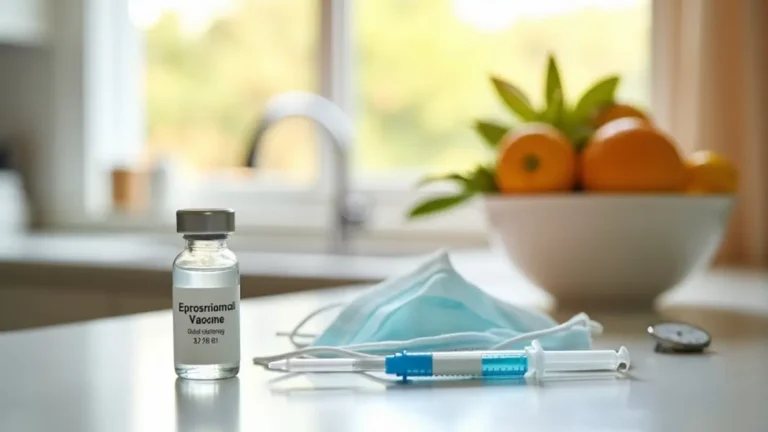 Seasonal prevention items for cold vs flu: vaccine vial and syringe, hand sanitizer, surgical mask, tissues, citrus fruit and leafy greens on a kitchen counter to illustrate prevention and immune system support.