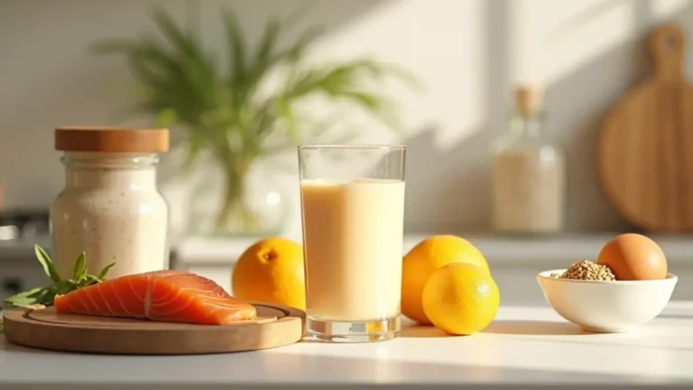 Close-up arrangement of nutrient-rich foods and supplements that support collagen for hair, including collagen powder, citrus fruit, fish, eggs and nuts.