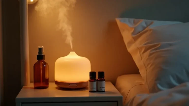 bedside aromatherapy setup illustrating aromatherapy benefits with diffuser, pillow spray, and small inhaler