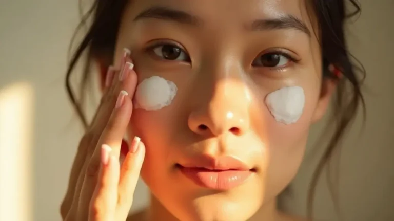 Asian woman applying moisturizer in soft morning sunlight, showing a gentle step in a daily skincare routine with glowing, hydrated skin in a minimalist bathroom.