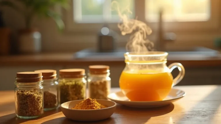 Warm countertop scene showing ginger tea, turmeric golden paste, dried chamomile and jars of herbs to illustrate herbal remedies at home