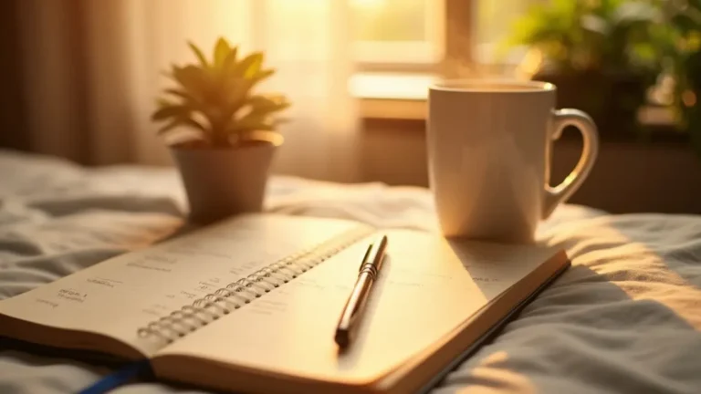 Sunlit morning scene of a gratitude journaling setup with open notebook, pen, and mug on a bedside table showing a calm gratitude journaling practice