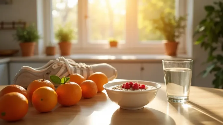 Morning kitchen scene with citrus fruits, yogurt with berries and seeds, and a glass of water illustrating foods to boost immunity