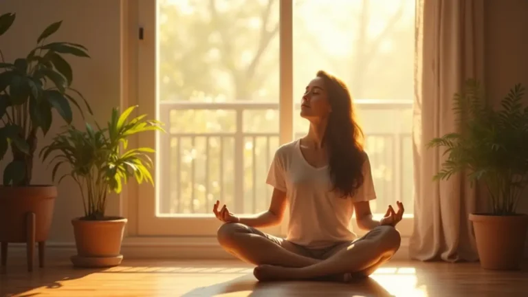 Woman meditating by a sunlit window in a cozy room with plants, illustrating a morning routine mental health practice that combines light exposure and gentle movement.