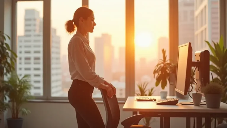 Office worker doing a short stretch at an ergonomic desk to illustrate office workouts, showing monitor height, chair support and keyboard placement