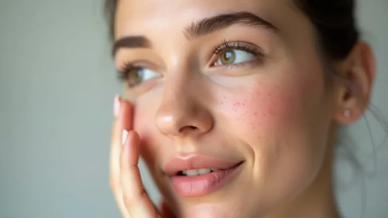 Macro portrait of a young woman with sensitive skin gently touching her cheek, showing subtle redness and delicate skin texture to illustrate sensitive skin care and redness management