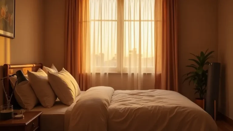 Tidy bedroom at dawn with morning light, bedside water, and yoga mat illustrating sleep and emotions, restorative routines and a calm sleep environment