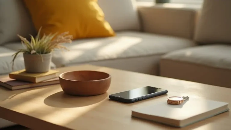 Cozy morning scene highlighting a digital detox with a phone placed face down in a wooden bowl on a coffee table beside a notebook and watch, conveying mindful tech habits and reduced screen time