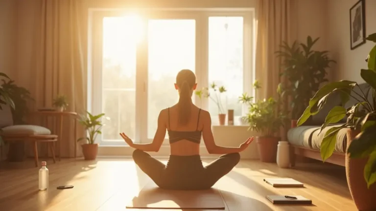 Person practicing a short mindful yoga flow in a sunlit living room to support yoga for mental health, with a mat, potted plants, and a notebook for mood tracking.