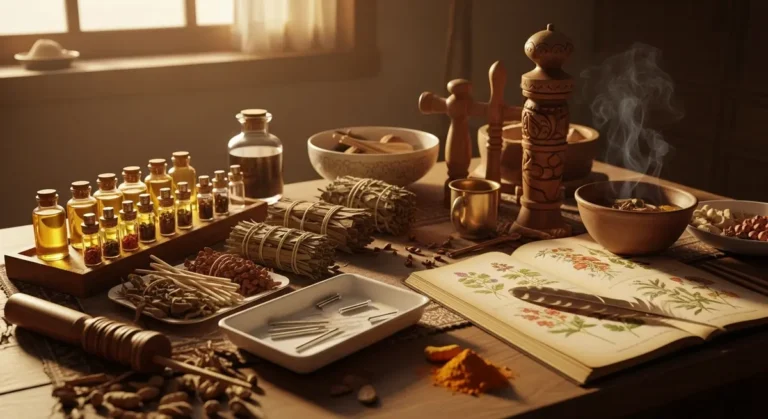 A sunlit table with Ayurvedic oils, Chinese acupuncture needles, and Indigenous ritual tools representing ancient healing practices around the world