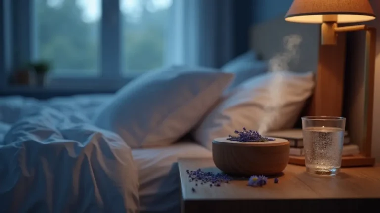 Bedside diffuser releasing mist of lavender, chamomile and cedarwood in a calm bedroom to suggest aromatherapy sleep and relaxation