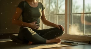 Person practicing breathwork exercises seated cross‑legged with hand on diaphragm in warm golden light, demonstrating calm breathing and increased vagal tone.