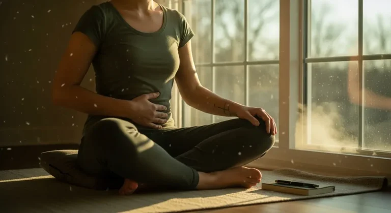 Person practicing breathwork exercises seated cross‑legged with hand on diaphragm in warm golden light, demonstrating calm breathing and increased vagal tone.