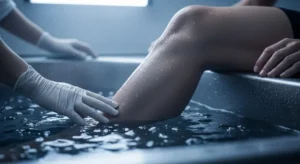 Athlete placing leg into an ice bath with visible water droplets and clinician checking circulation, illustrating cold therapy effects on skin blood flow and inflammation