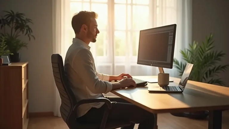 Remote worker seated at an adjustable desk showing ergonomic posture with neutral spine, head aligned over shoulders, lumbar support, monitor at eye level, and feet supported