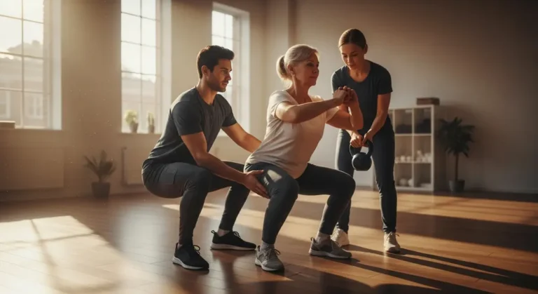 Physiotherapist coaching an older adult through a functional squat to improve mobility and balance, demonstrating correct alignment and breathing — functional fitness in practice