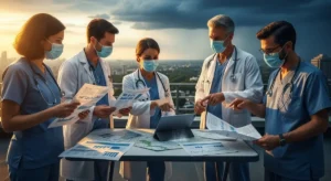 Healthcare team reviewing population health data on a rooftop with an urban skyline and climate effects, illustrating global health trends in NCDs, mental health, climate risk, and preparedness