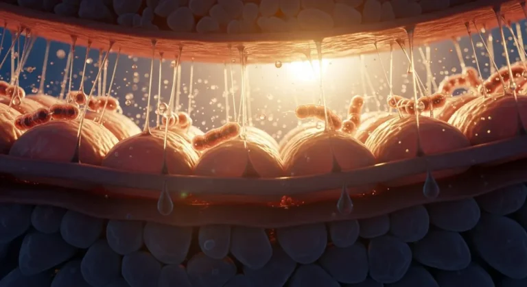 Photorealistic cross-section of the gut lining showing microbes, mucus layer and immune cells interacting to illustrate gut health immunity
