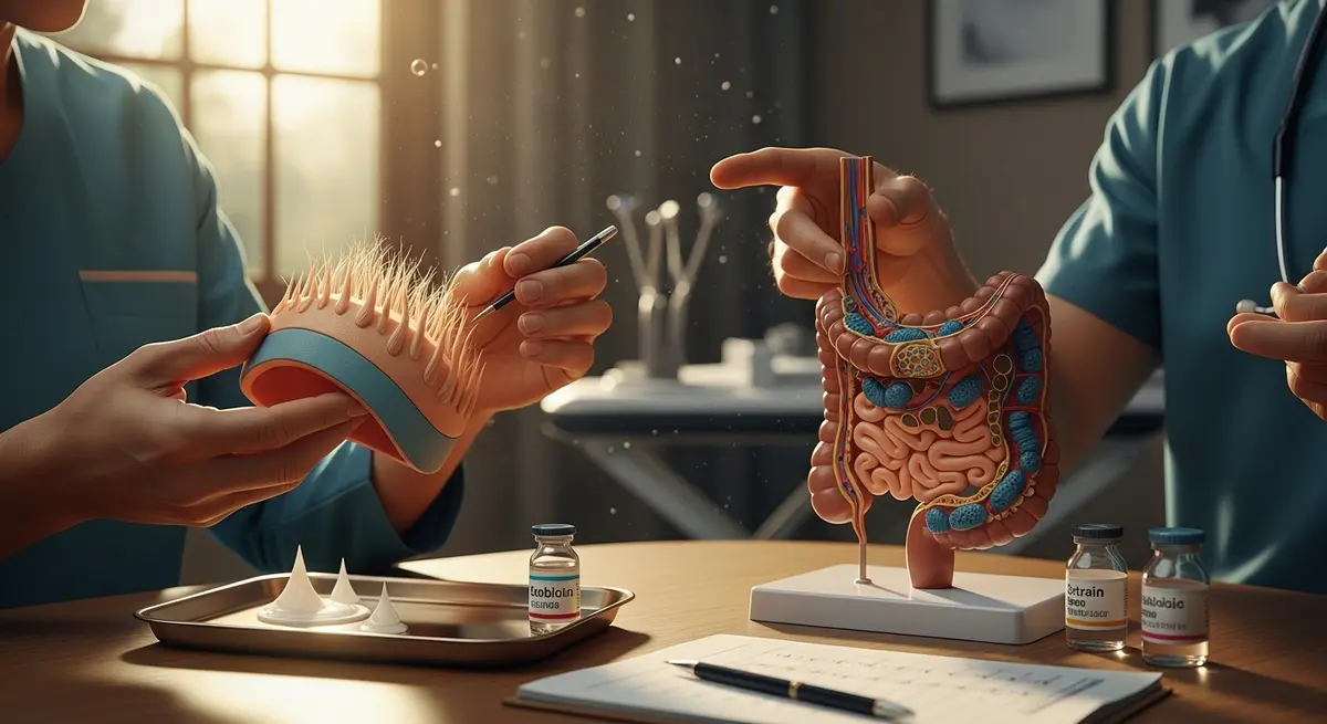 Close-up of a clinician's hands holding a scalp model beside a cutaway illustration of the gut microbiome, showing microbial colonies and arrows indicating systemic signaling