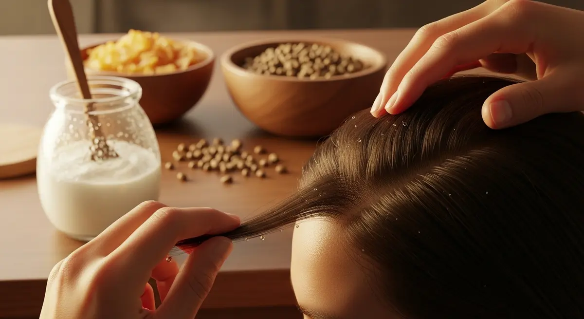 Close-up of a person parting hair to reveal scalp, warm lighting suggesting a connection between diet and scalp health