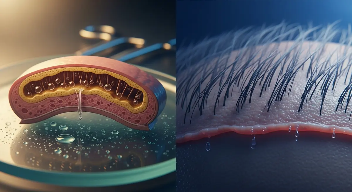 Cross-section illustration of gut and inflamed scalp showing metabolites and immune cells