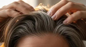 Close-up view of scalp and hair showing a blend of gray and pigmented hairs with fingers parting the hair to reveal follicles, highlighting hair aging and scalp health.