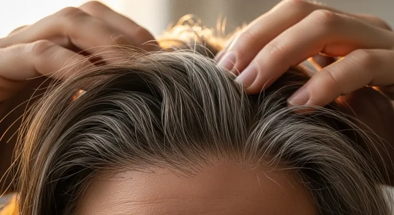 Close-up view of scalp and hair showing a blend of gray and pigmented hairs with fingers parting the hair to reveal follicles, highlighting hair aging and scalp health.