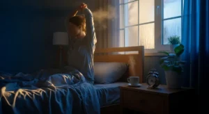Person stretching in a bedroom at dawn with soft blue and golden light, symbolizing hormonal balance, circadian shift and morning energy