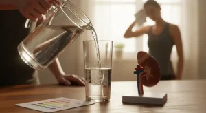 Close-up of a glass of water on a kitchen counter with a urine color chart and a model kidney, illustrating hydration cues and body water balance