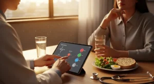 Patient and clinician reviewing metabolic pathways of intermittent fasting with a tablet and balanced meal on the table, illustrating metabolism and cellular renewal through fasting