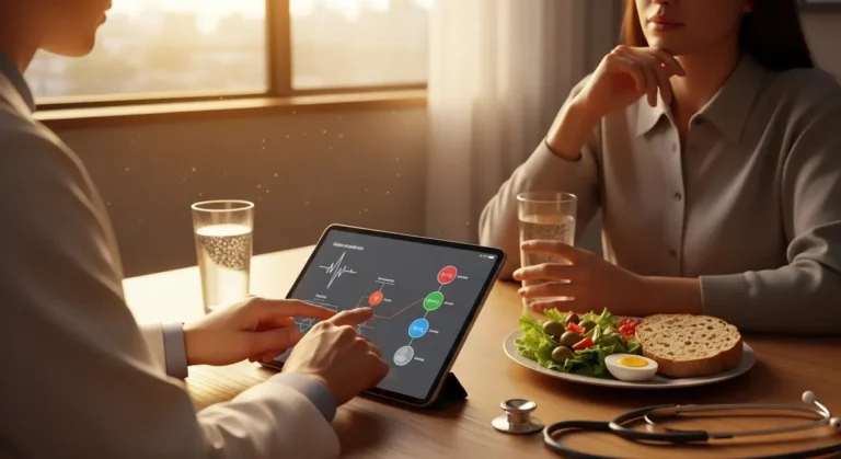 Patient and clinician reviewing metabolic pathways of intermittent fasting with a tablet and balanced meal on the table, illustrating metabolism and cellular renewal through fasting