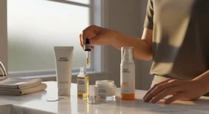 Young adult arranging essential products for a minimalist skincare routine on a clean bathroom counter, showing cleanser, single serum, moisturizer and SPF in warm soft light