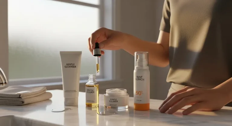 Young adult arranging essential products for a minimalist skincare routine on a clean bathroom counter, showing cleanser, single serum, moisturizer and SPF in warm soft light