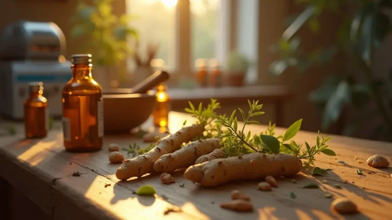 laboratory bench with ashwagandha, rhodiola, and turmeric alongside labeled vials and testing equipment illustrating modern herbalism research