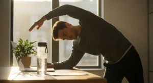 Office worker standing at a desk performing a brief seated-to-standing spinal twist as a movement snack to reduce neck and back stiffness and improve circulation