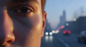 Close-up of urban commuter's cheek showing fine particulate deposition, slight hyperpigmentation and oxidized sebum illustrating pollution skin damage