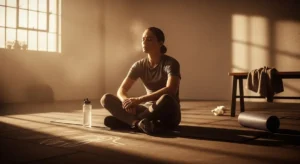Athlete resting on a gym mat during a recovery day, calm posture emphasizing recovery days fitness and muscle repair