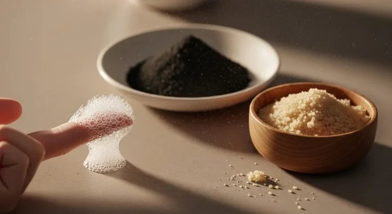 Photorealistic close-up of clarifying shampoo foam beside activated charcoal and a sugar scrub to illustrate scalp detox ingredients and mechanisms