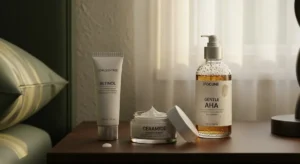 Close-up of a nightstand with retinol tube and ceramide cream showing a barrier-focused skin cycling routine for 2025