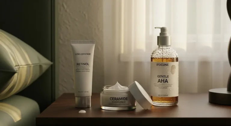 Close-up of a nightstand with retinol tube and ceramide cream showing a barrier-focused skin cycling routine for 2025