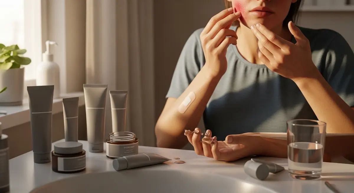 Young person examining irritated cheek with multiple skincare tubes on a vanity, illustrating skin cycling 2025 mistakes