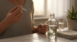 Minimalist morning skincare scene showing a modern professional applying a single serum drop, with a refillable bottle and plant on a clean countertop — illustrating the skin minimalism trend