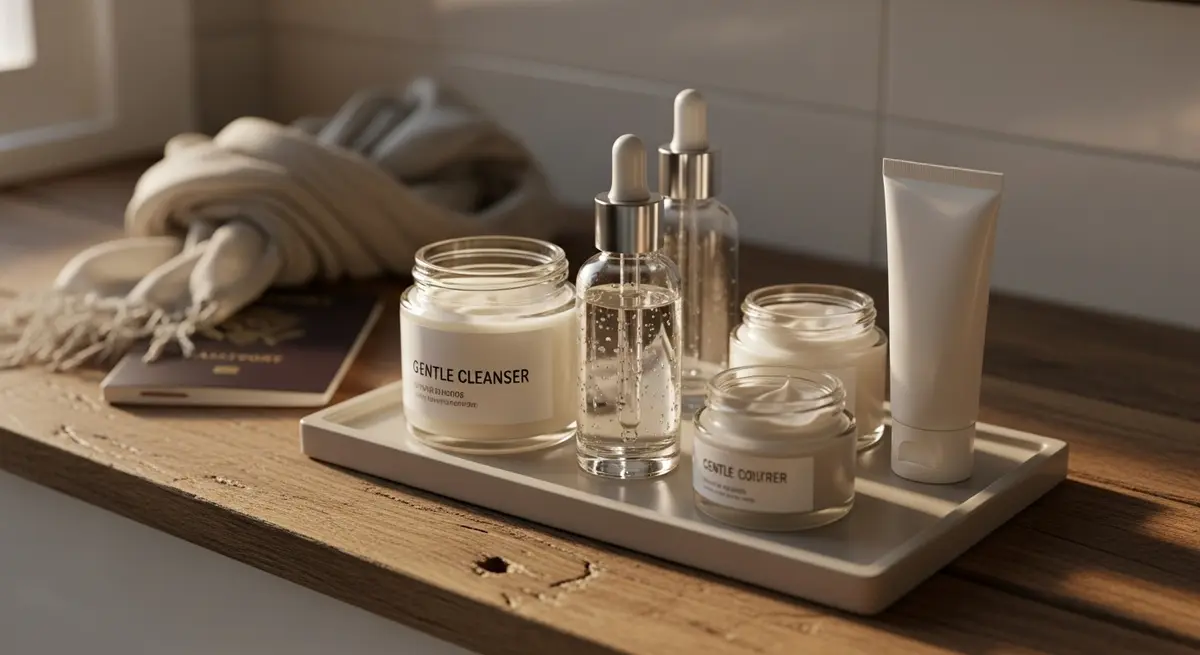 A compact, thoughtfully arranged set of sustainable skincare essentials on a wooden tray, including a cleanser, serum dropper, moisturizer jar, and sunscreen tube
