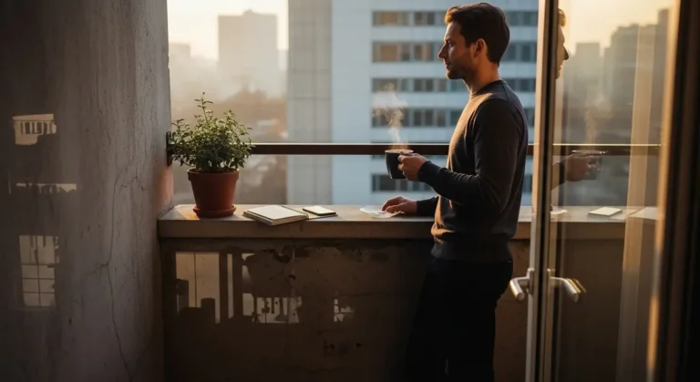 Urban professional practicing slow living on a balcony at sunrise, pausing with tea and a notebook to cultivate mindfulness and simplicity