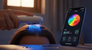 Close-up of a person using a handheld scalp scanner with LED lights while a smartphone displays an AI-generated scalp map; illustrates smart haircare monitoring of hair density and scalp health.