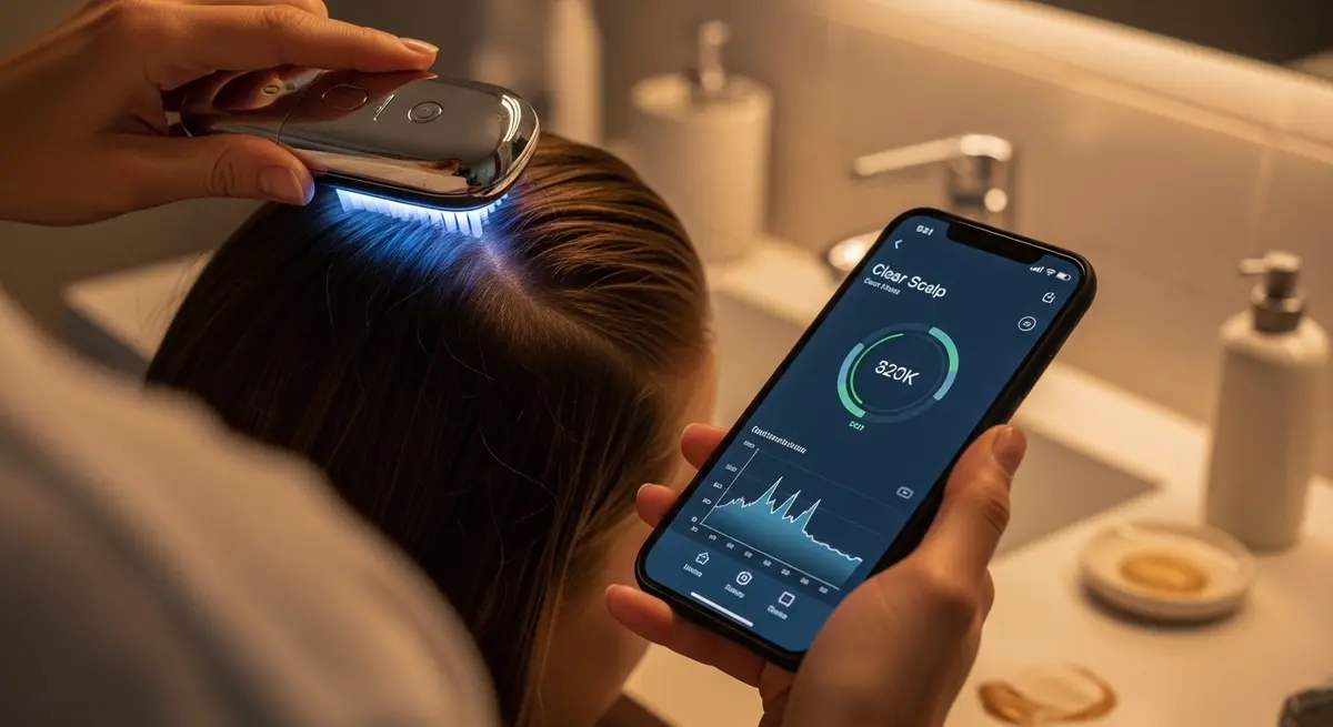 Close-up of a person using a smart LED comb with a smartphone app showing scalp metrics