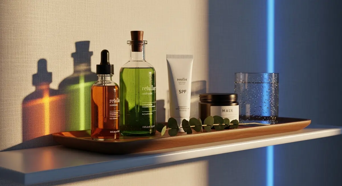 Hands holding refillable glass skincare bottles on a wooden tray, minimalist bathroom setting
