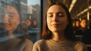 A commuter practicing mindful breathing on a city train during golden hour, calm expression, soft light and window reflections—illustrating mindful commuting for stress relief in daily routine